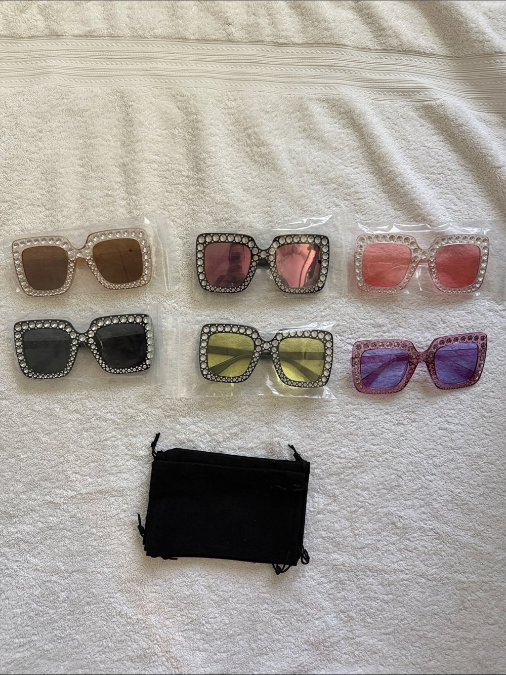 Set of 6 Rhinestone Oversized Square Sunglasses - Assorted Tinted Lenses